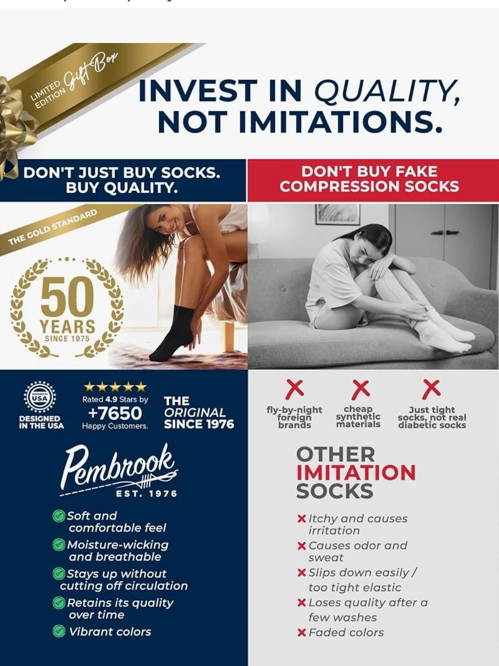 Black Neuropathy Comfort Crew Socks - 6 Pack